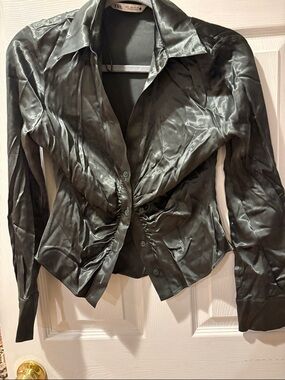 Zara Satin-Effect Olive Green Ruched Button-Front Jacket